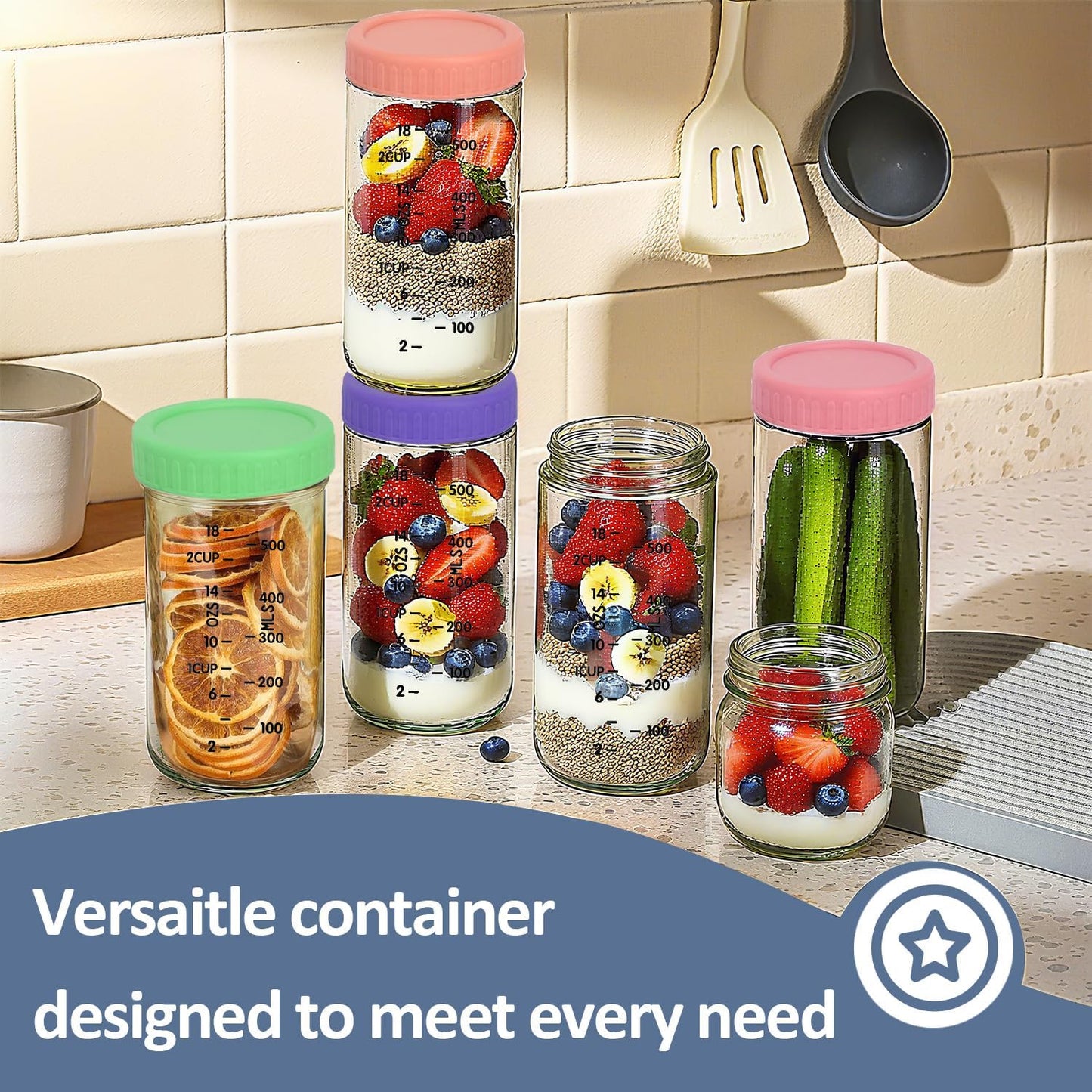 Overnight Oats Containers with Lids 24oz, 6 Pack Wide Mouth Mason Jar, Glass jars with Airtight Lids for Meal Prep, Food Storage Containers for Oats Cereal Yogurt Chia Snacks