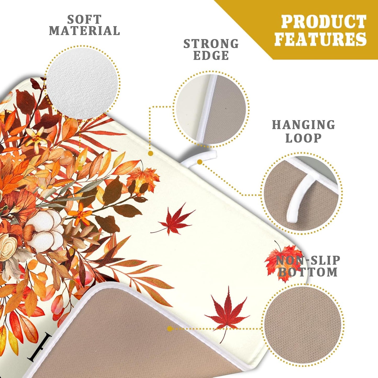Hello Fall Dish Drying Mats 16x18 Inch, Autumn Orange Color Flowers Leaves Seasonal Washable Microfiber Drainer Rack Absorbent Pad Kitchen Counter Coffee Bar Protector