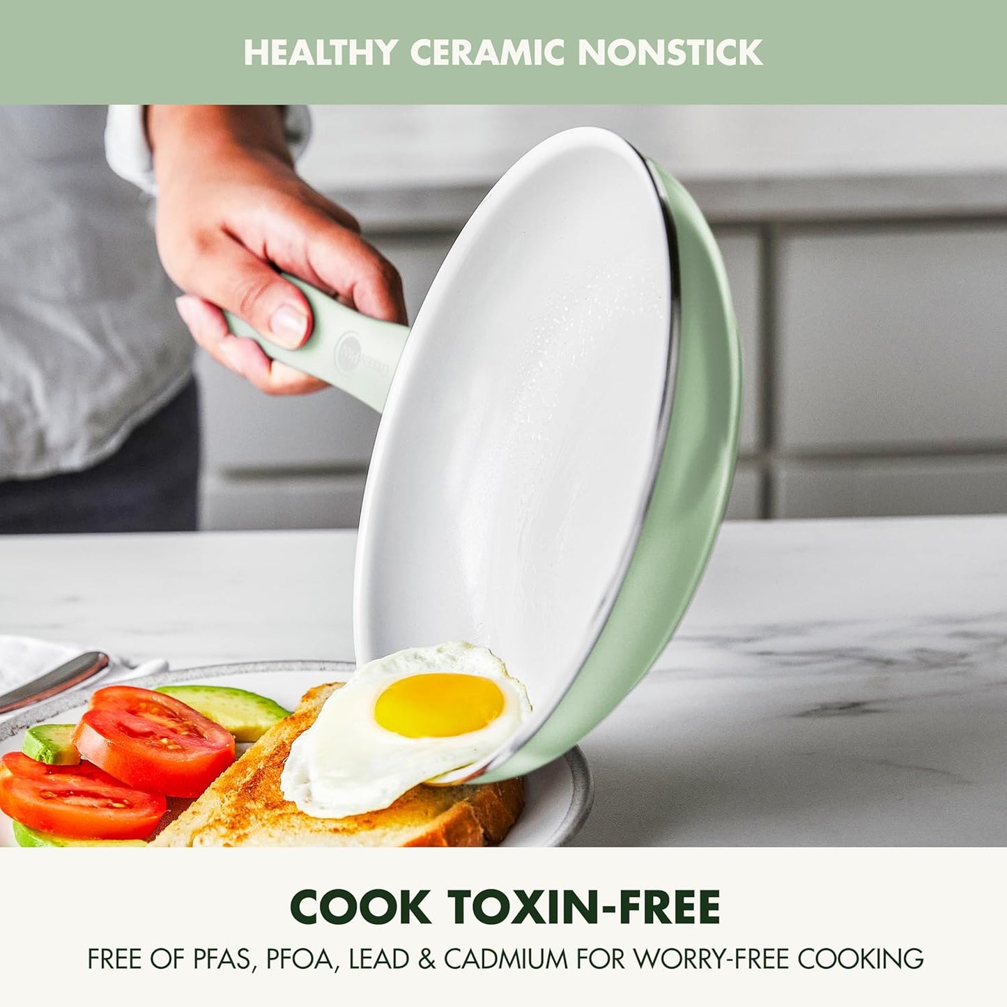 GreenPan Dover 10” Frying Pan Skillet, Non-Toxic PFAS-Free Ceramic Nonstick Coating, Sear Saute Fry Egg Omlete, Dishwasher & Oven Safe, Stay Cool Handle, Easy Pour Rims, Pastel Green