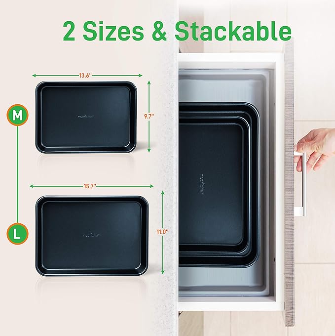 NutriChef Non-Stick Cookie Sheet Baking Pans, 2-Piece Oven Baking Trays w/ Superior Nonstick Coating - 15" x 11" & 13" x 9" Sizes for Convenient Roasting & Baking - Dishwasher Safe