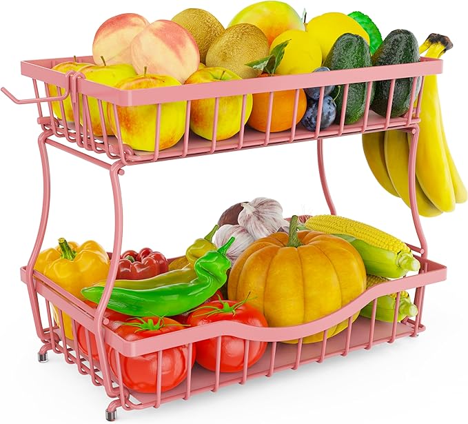 Large 2-Tier Fruit Basket for Kitchen Counter with 2 Banana Hangers – Metal Fruit Bowl for Onion, Vegetable, Snacks, Breads Storage – Countertop Organizer – Pink