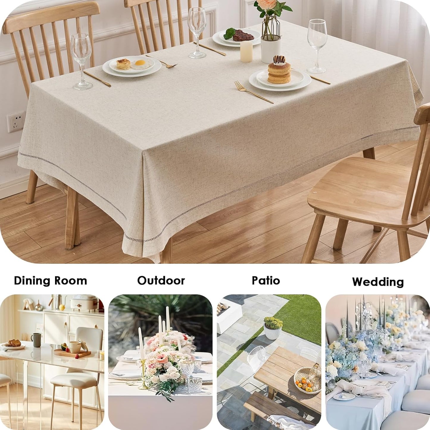 Zdolmy Natural Flax Linen Tablecloth – Undyed Rectangle Hemstitch Table Cover for Kitchen, Dining & Decoration (Blue Drawn Silk Thread, 55" x 70")