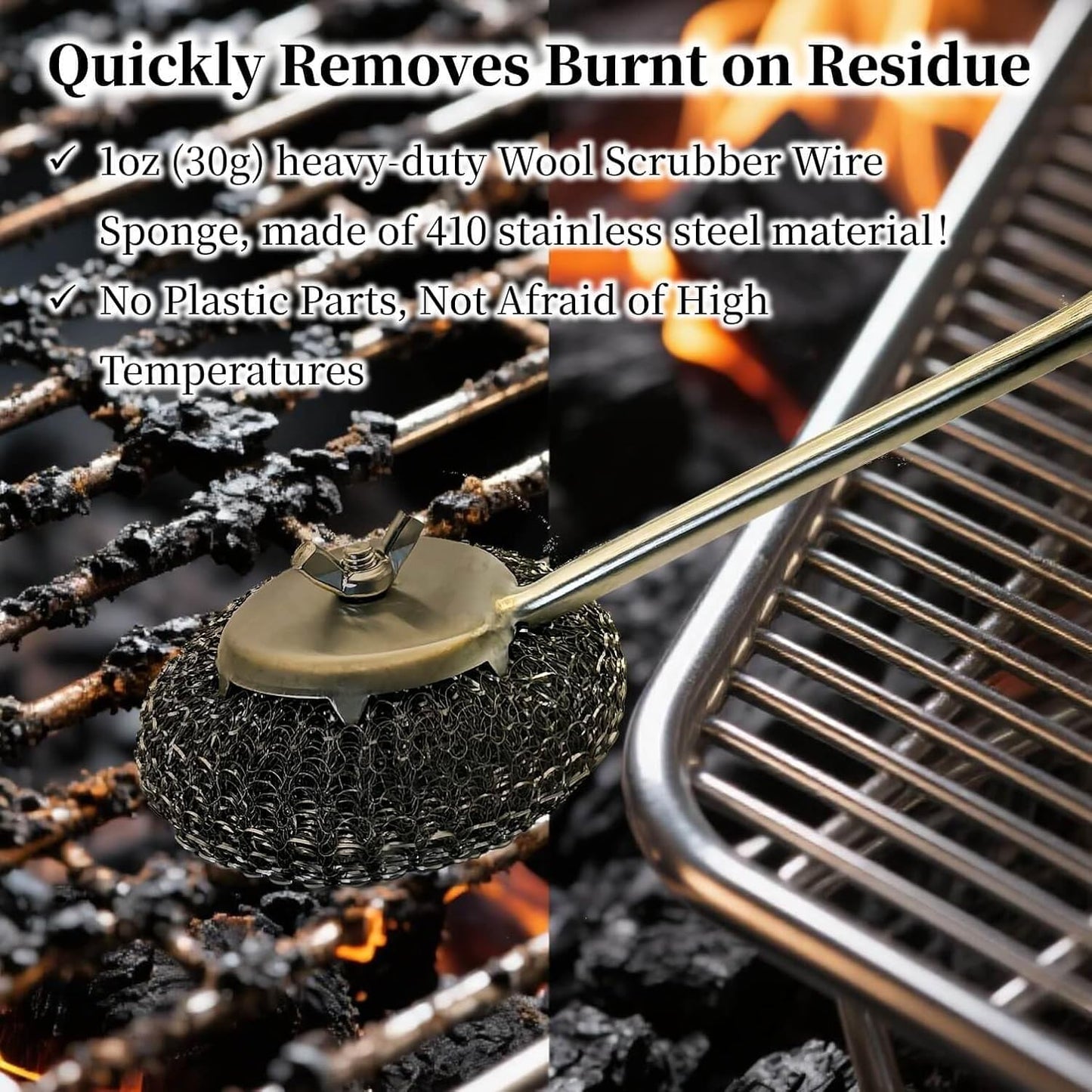 Grill Brush with Replaceable Head for Barbecue – Safe Bristle Free Stainless Steel BBQ Cleaner with Heavy Duty Scrubber Pad, Grill Accessories Steel Wool Scrubbers for Porcelain Gas Charcoal Grill