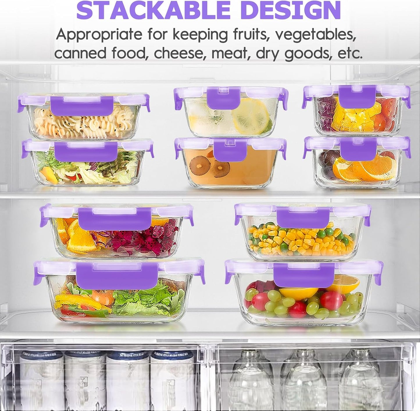 34pcs Glass Food Storage Containers with Lids Set, Airtight Glass Meal Prep Containers (17 Containers & 17 Lids), Leak Proof Lunch Container BPA-Free, Microwave, Oven, Freezer, Dishwasher Safe-Purple
