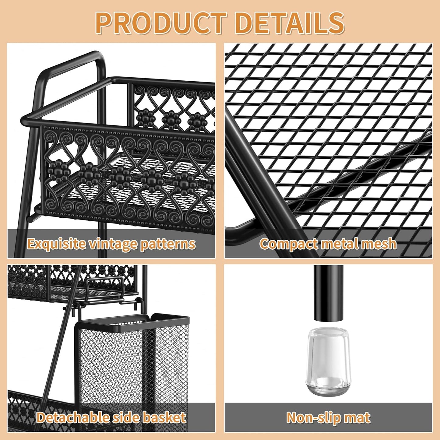 Vintage 3 Tier Spice Rack Organizer for Kitchen Counter, Bathroom Counter Organizer with Bonus Basket, 3 Tier Bathroom Counter Organizer for Spices Makeup Perfumes, Retro Countertop Organizer