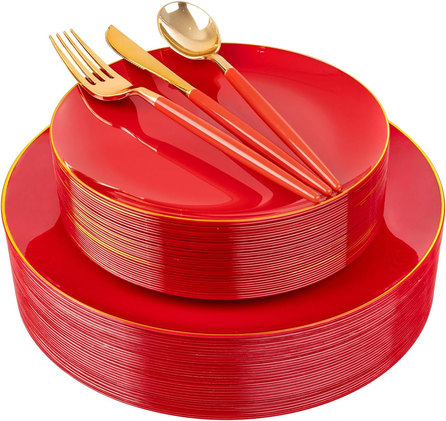 DaYammi 150Pcs Red Plastic Plates & Gold Cutlery with Red Handle,Christmas Disposable Plates Set Include 30 Dinner Plate, 30 Dessert Plate,30 Knives,30 Forks,30 Spoons for Christmas Party Holiday