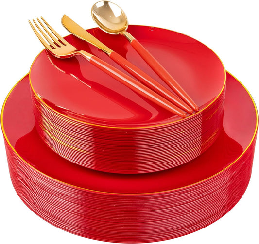 DaYammi 150Pcs Red Plastic Plates & Gold Cutlery with Red Handle,Christmas Disposable Plates Set Include 30 Dinner Plate, 30 Dessert Plate,30 Knives,30 Forks,30 Spoons for Christmas Party Holiday