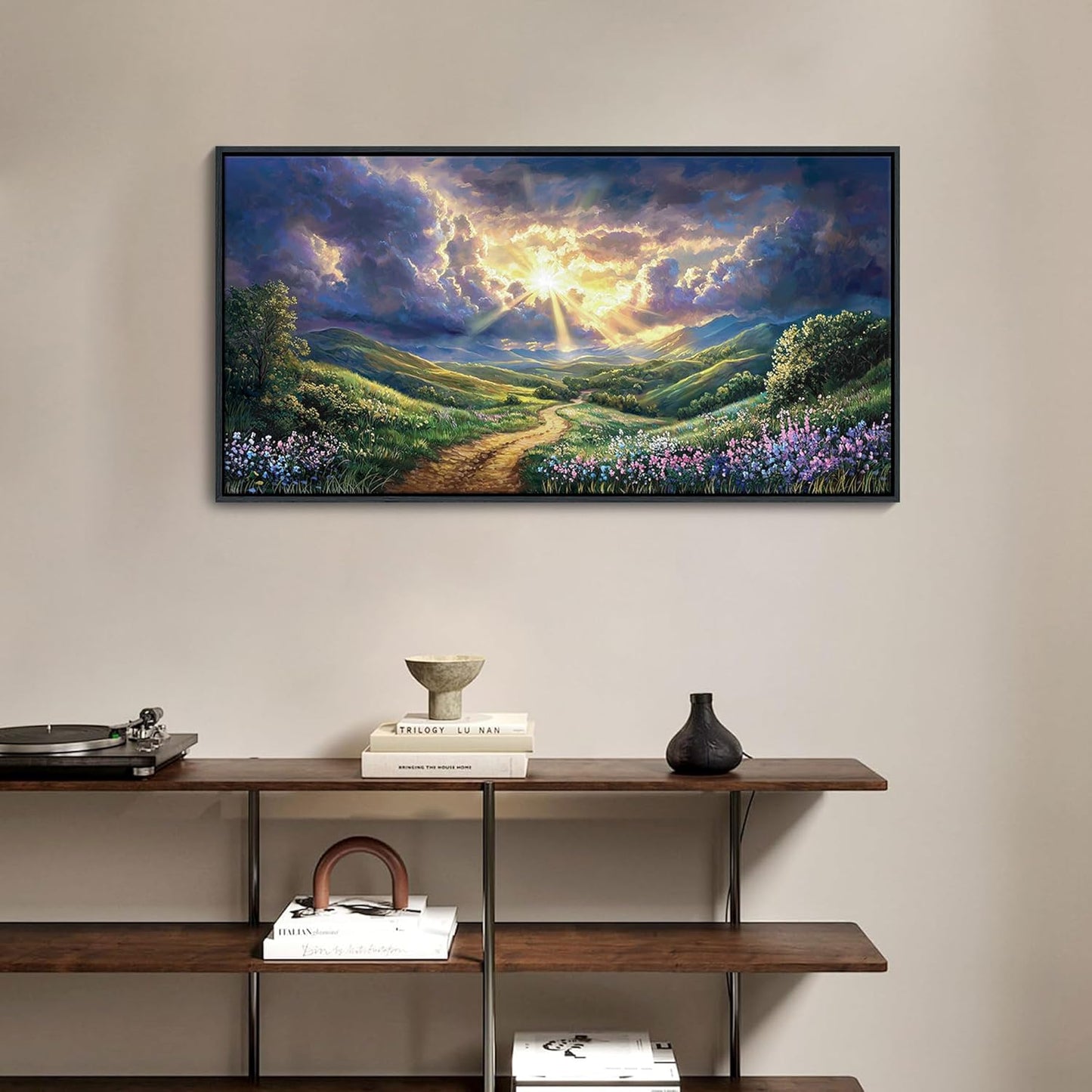 HKDGOKA Landscape Canvas Wall Art, Green Mountains Purple Clouds Flower Scenery Pictures Paintings Framed Artwork for Living Room Bedroom Bathroom Office Kitchen Home Wall Decor 20x40 IN