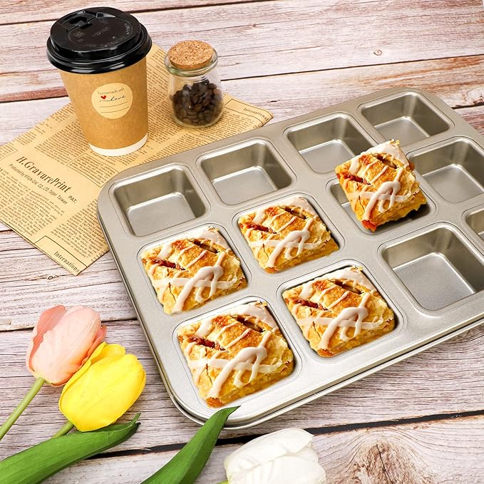 Beasea Brownie Pan with Dividers, 1 Set Gold All Edges Square Cupcake Brownie Pans 12 Cavity Mini Non Stick Baking Carbon Steel Bread Mold Small Edge 3x4 Individual Cutter Sheet Tray for Cake Oven
