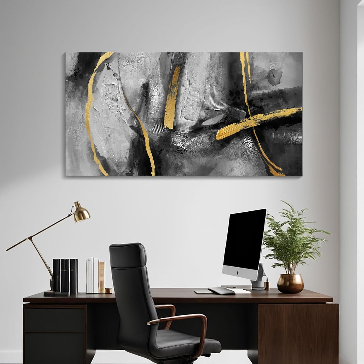 Large Canvas Wall Art Decor - Abstract Black and Gray Wall Pictures Living Room Hand-Painted Dream Painting Golden Canvas Prints as Bedroom Kitchen Dining Room Cafe Home Decor 24X48 In