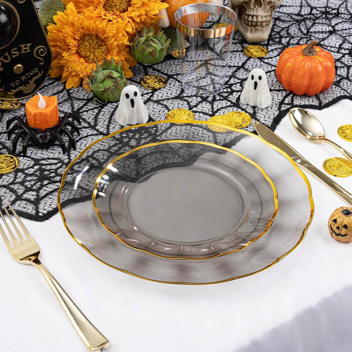 EI 150pcs Clear Black Dinnerware Set,Clear Black Fancy Plastic Plates with Gold Rimmed and Gold Plastic Silverware,Heavy Duty Party Plates Disposable for Halloween, Afternoon Tea,Wedding
