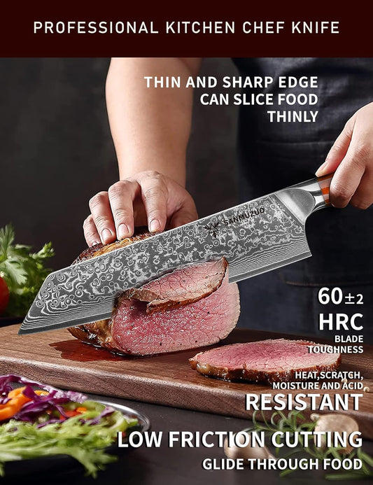 8.5 inch Kiritsuke Kitchen Chef Knife - 67 Layers Damascus Steel & Resin Handle - Xuan Series(Fantasy Orange)