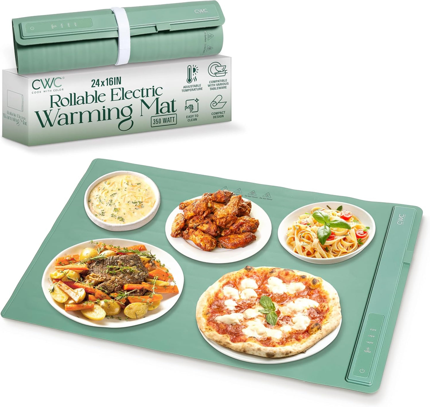 COOK WITH COLOR 350W Electric Food Warming Mat - Portable Food Warmer Tray with Adjustable Temperature, Fast 60-Second Heating, Auto Shut-Off, Rollable Silicone Pad for Parties & Everyday Use, Green
