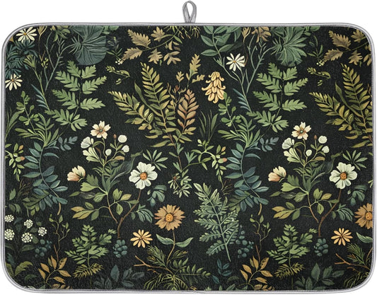 Dish Drying Mats for Kitchen - Green Leaves Wall Hanging Pad with Microfiber Fabric, Reusable Non-slip Absorbent Dishmats for Cook House Counter Coffee Bar Dining-tables, 18"x24"