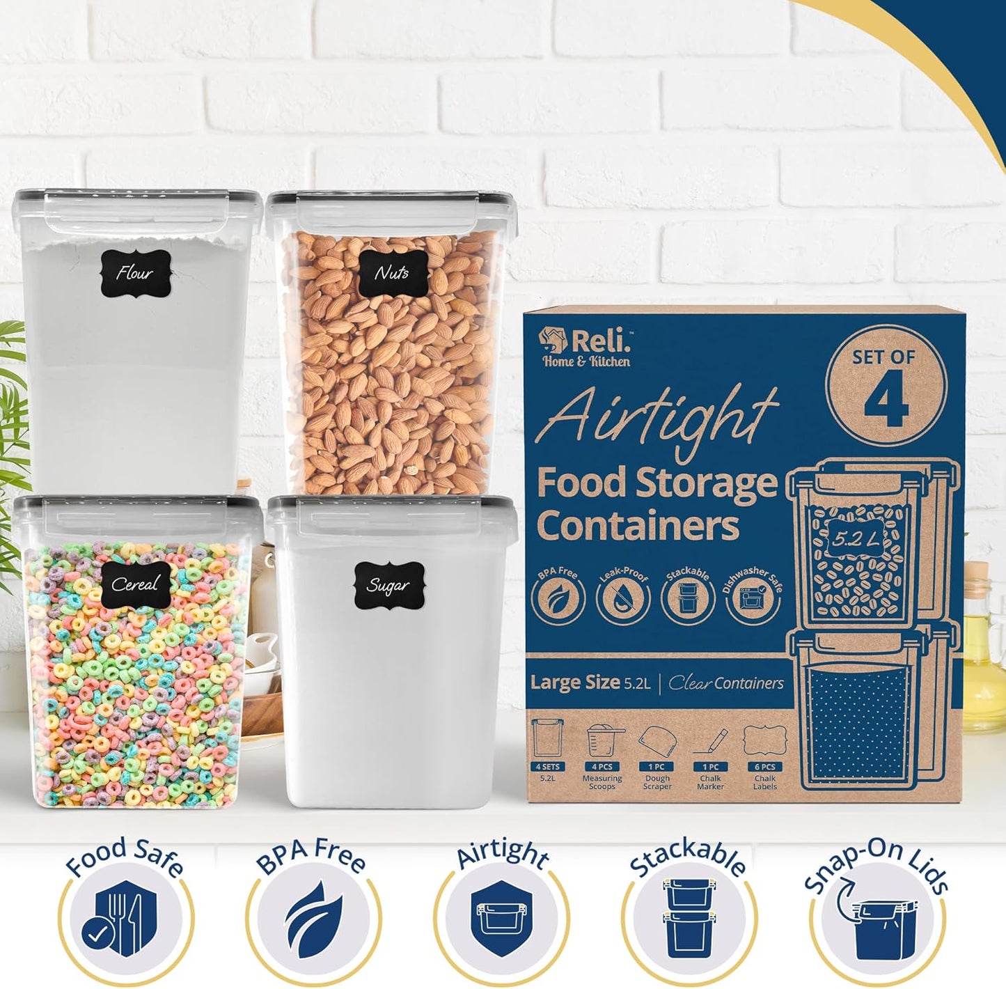 Reli. 5.2L Airtight Food Storage Containers with Lids (4 Sets) | Kitchen Organizers and Storage Pantry Organizers | BPA Free Plastic Container Set w/ 4 Measuring Cups, Dough Scraper, 6 Labels, Pen
