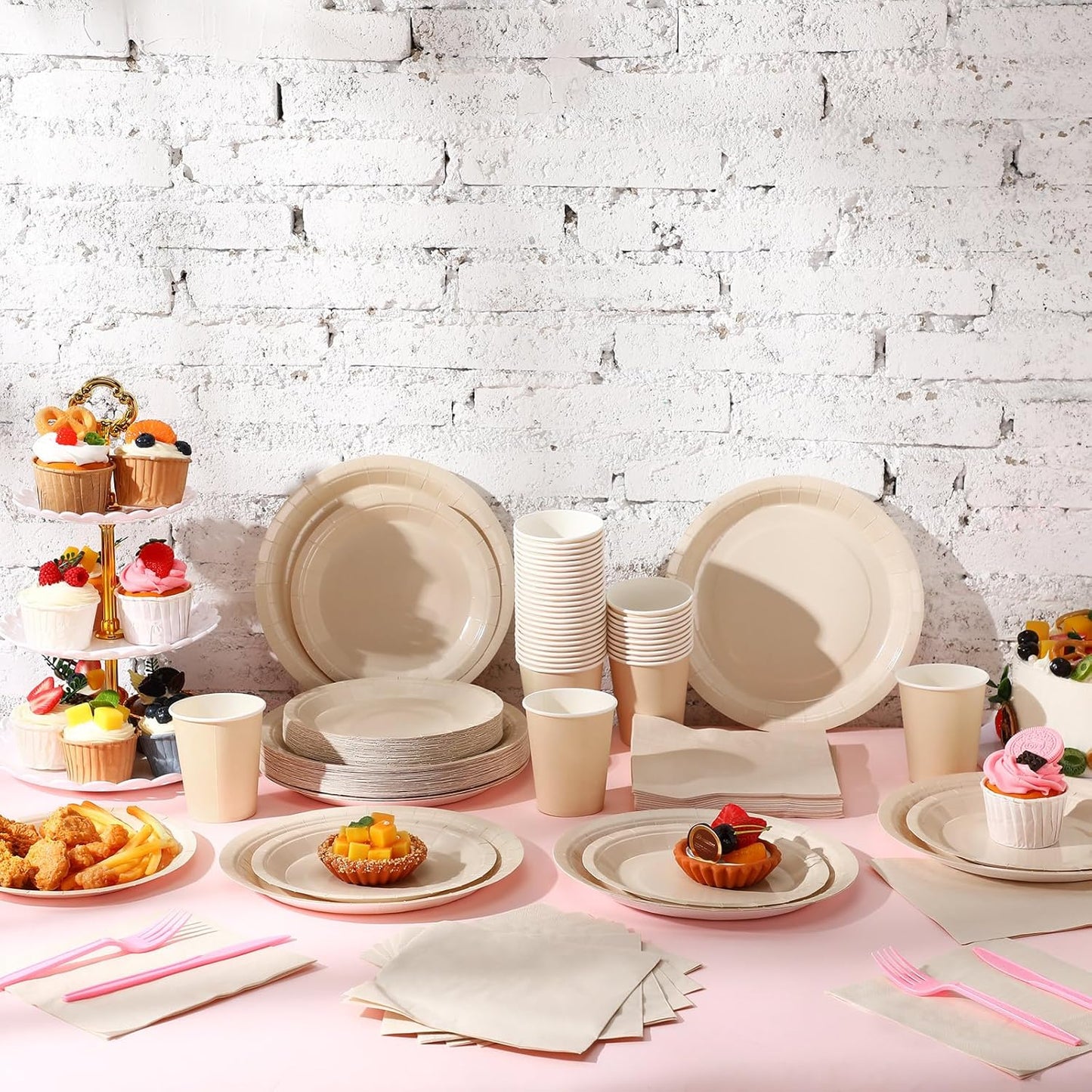 Tioncy 200 Pcs Disposable Paper Plates Cups and Napkins Party Supplies Serve 50 Guests Disposable Paper Dinnerware Set for Halloween Birthday Wedding Baby Shower Family Picnic(Ivory)