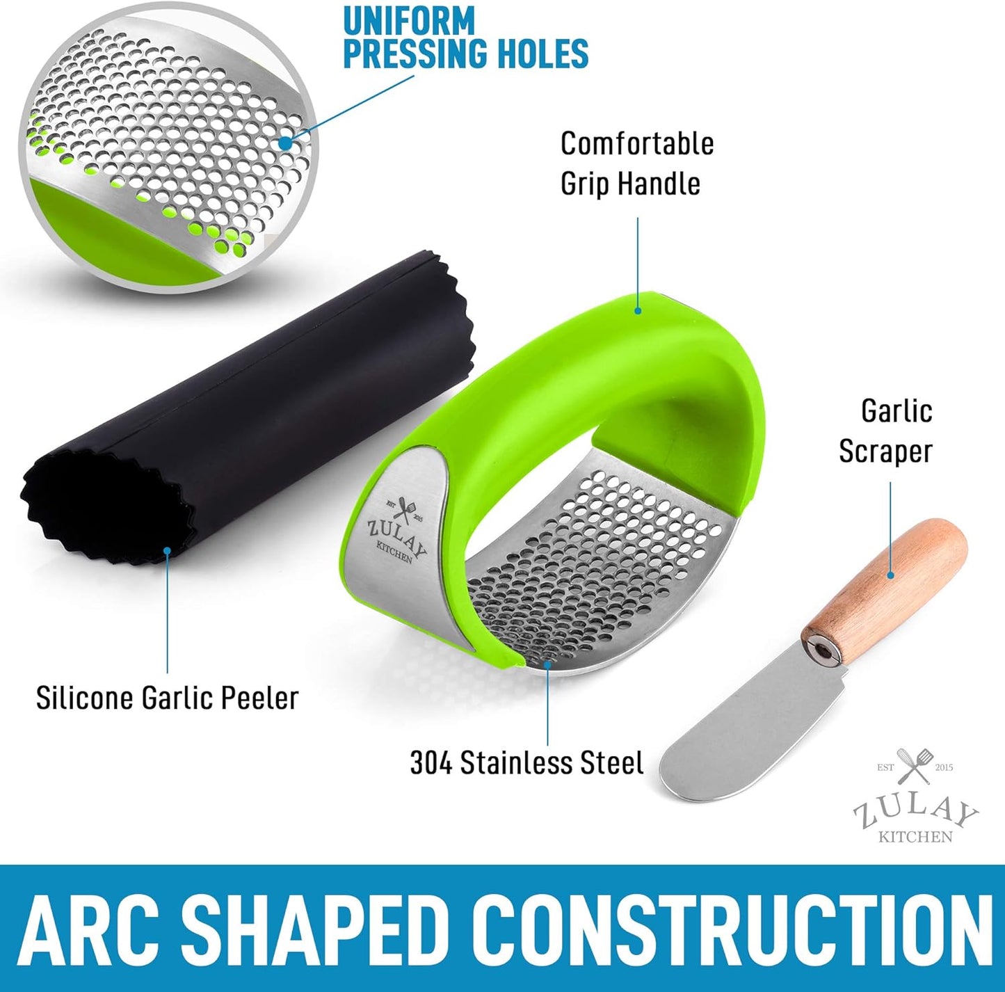 Zulay Kitchen Stainless Steel Garlic Press Rocker Set - Premium Garlic Mincer Garlic Crusher - New Innovative Garlic Crusher with Peeler and Scraper - Comfortable Grip (Green)