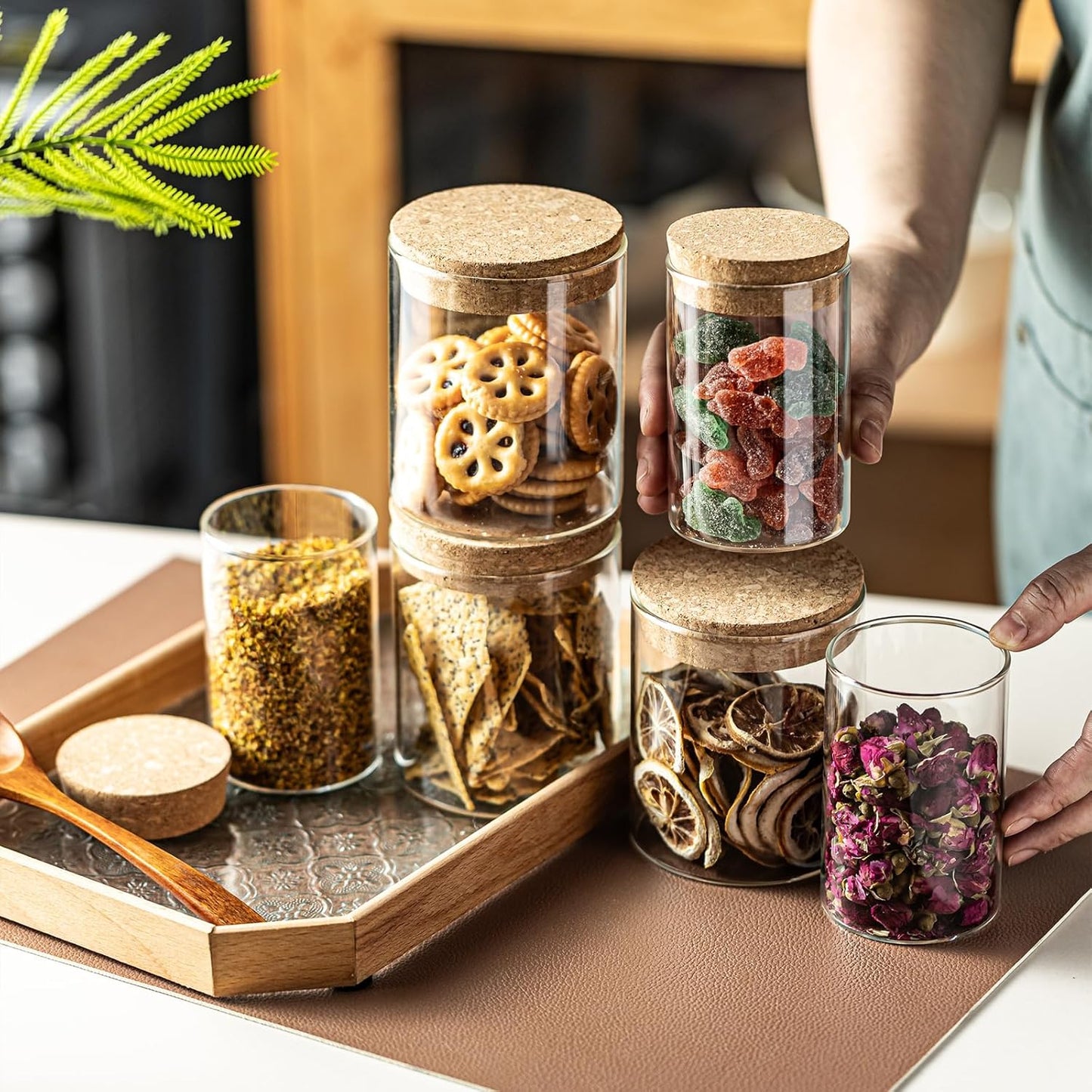 Airtight Glass Jars with Cork Lids -set of 4 (2 Large 16oz & 2 Small 10oz) Kitchen Storage Containers for Tea, Cereal, Spices, Beans, Candy | Wedding, Pantry, Biscuit Organization (4PCS)