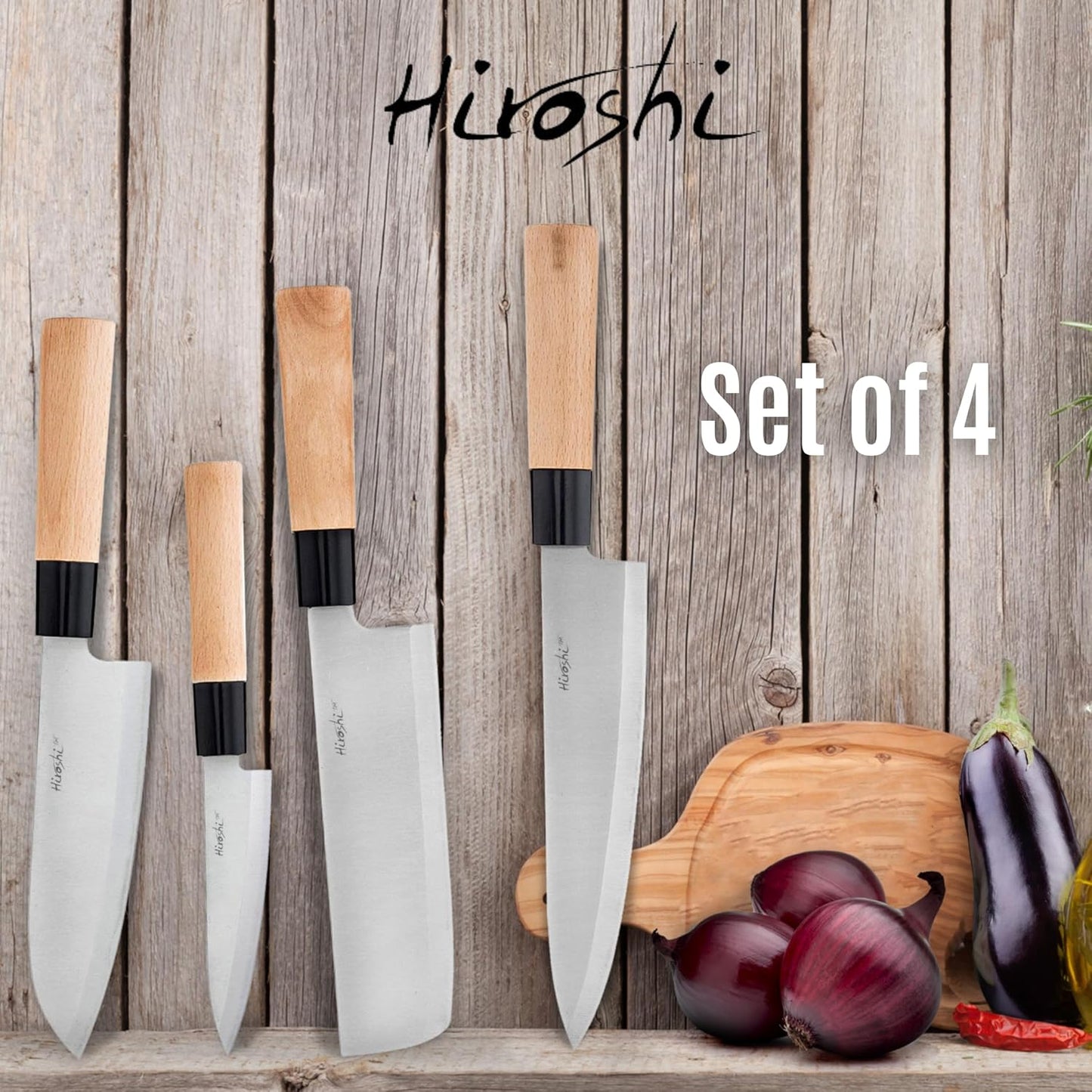 HIROSHI Sushi & Sashimi Knife Set – 4-Piece High Carbon Stainless Steel Japanese Chef Knives with Beech Wood Handle – Professional Kitchen Knife Set for Precision Cutting