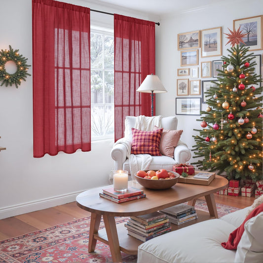 BGment Burgundy Linen Curtains 45 Inch Length for Short Kitchen Window, Rod Pocket Semi Sheer Drapes for Office Cafe Bathroom Decor Rustic Textured Lightweight Christmas, 2 Panels, Each 42 Inch Wide