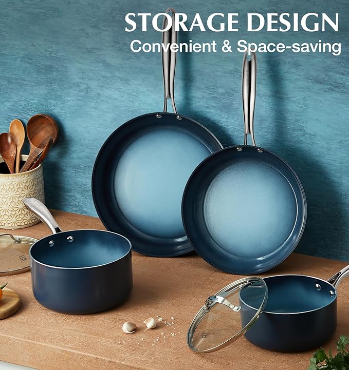 KOCH SYSTEME CS Nonstick Sauce Pan with Lid, 1 Quart Saucepan with Lid, 1 QT Nonstick Ceramic Small Sauce Pan with Stainless Steel Handle, Non-Toxic Ceramic Saucepan, Oven Safe, Gradient Blue