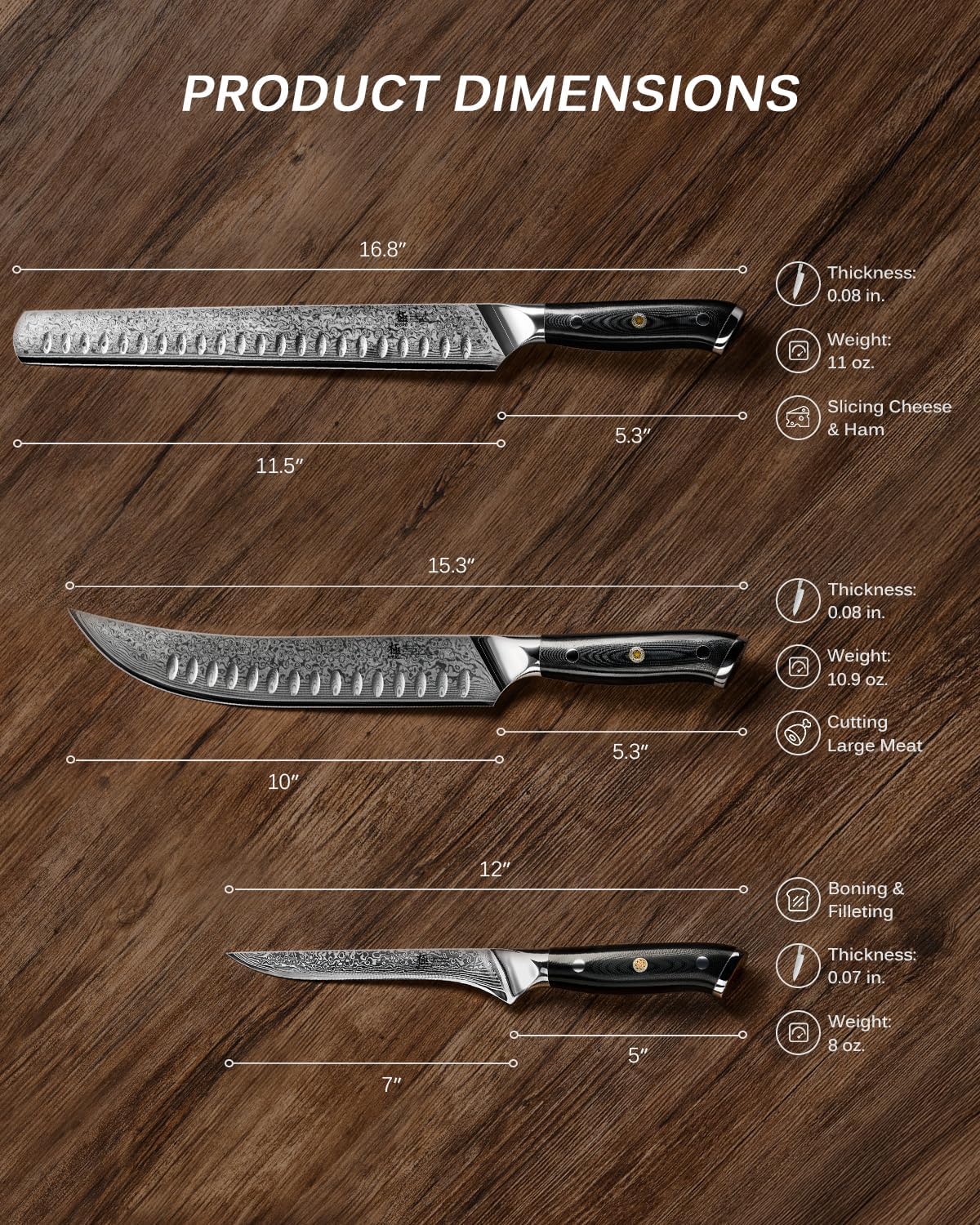 KYOKU Knife Set, 3pc Japanese Kitchen Knife Set for Cooking, 7" Boning 12" Slicing 10" Scimitar Knife with Silver Ion Blade Sheath Gift Box, Professional Sharp Damascus Stainless Steel Knives