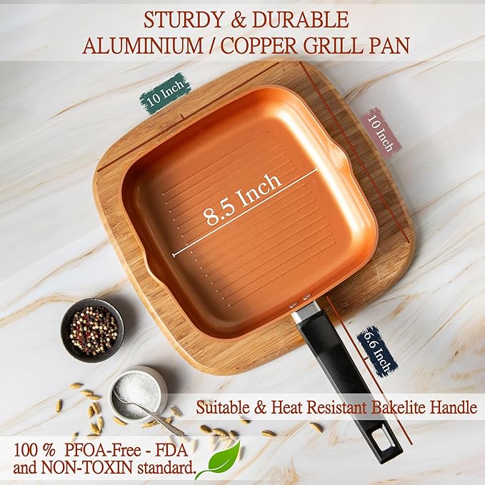 Moss & Stone Square Grill Pan For Indoor Cooking, 9.5In Frying Pan Copper Non-Stick Saute Fry Pan, Induction Copper Pan for Meats & Vegetables, Aluminum Griddle Nonstick Stove Top Grill Pan