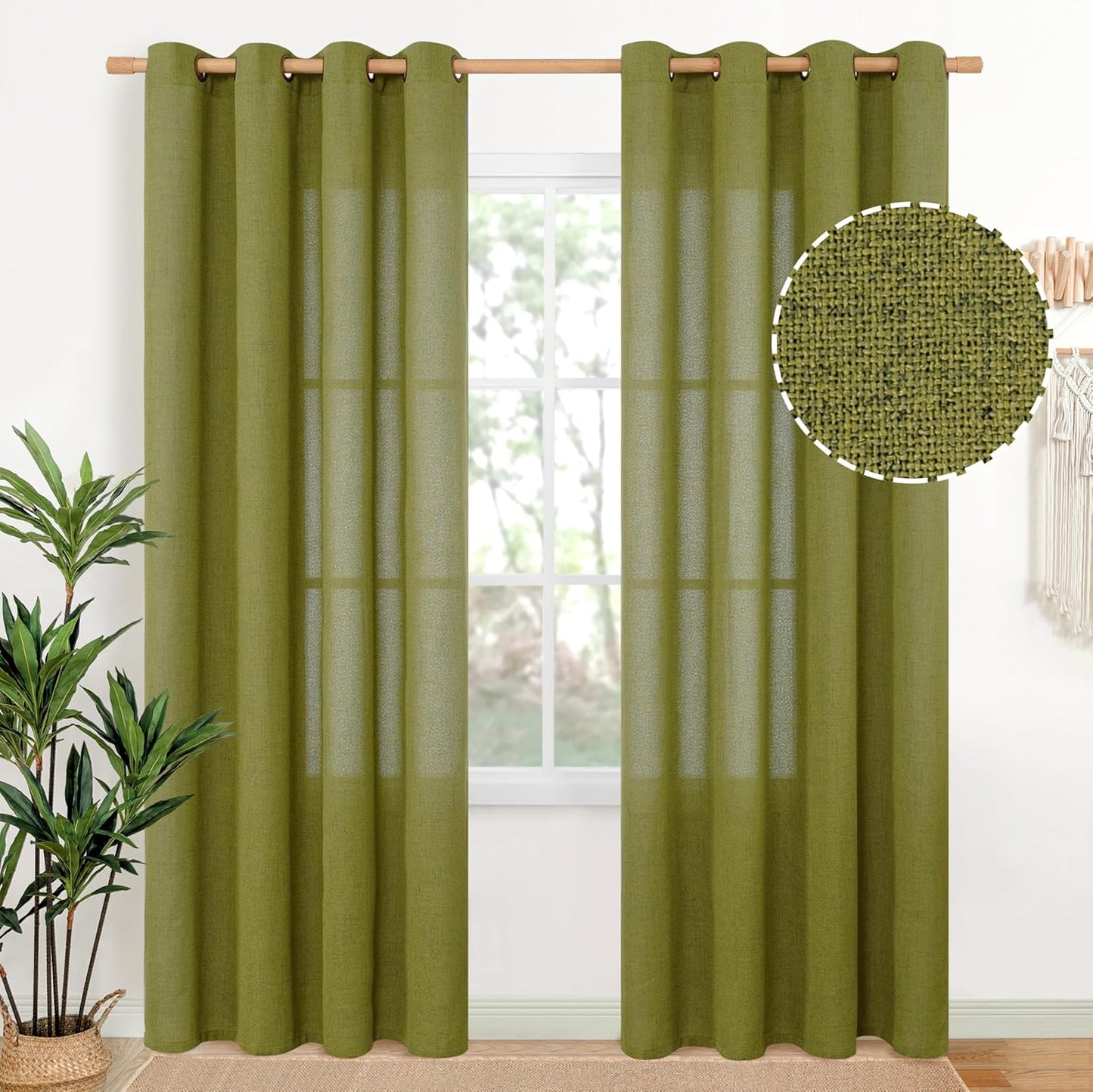 YoungsTex Olive Green Linen Curtains 84 Inches Length for Living Room Bronze Grommet Textured Drapes Privacy Light Filtering for Dining Room Bedroom Office, 52 x 84 Inch, 2 Panels