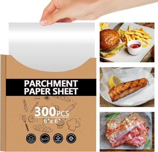 300PCS Thickened Precut Parchment Paper Sheets, 6×6 In Non-Toxic Burger Paper Sheet，Heavy Duty Burger Patty Paper for Baking, Grilling, Seperating Patty, Comes in Convenient Packaging, White