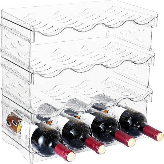 IEEK Plastic Stackable Bottle Storage Holder Rack Holds 16 Bottles,Free-Standing Water Bottle/Wine and Drink Organizer Shelf for Kitchen Cabinet,Fridge,Countertop,Pantry,Freezer,4 PackX4 Bottles,Clear