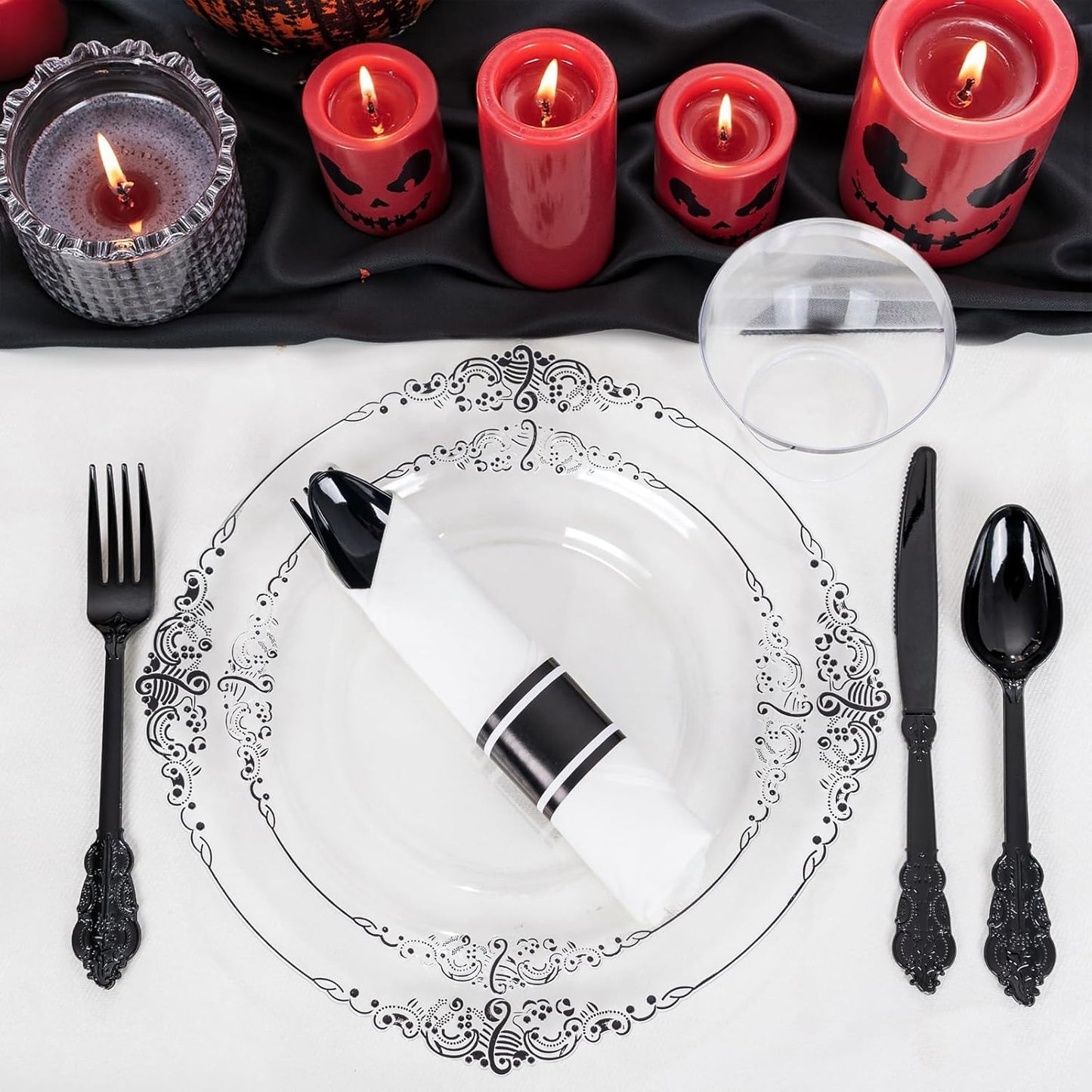 Hioasis 175pcs Clear Black Plastic Plates - Elegant Disposable Dinnerware Set Suitable for 25 Guests Include 10.25" Dinner & 7.5" Dessert Plates, Pre Rolled Silverware Set, Cups for Party & Halloween