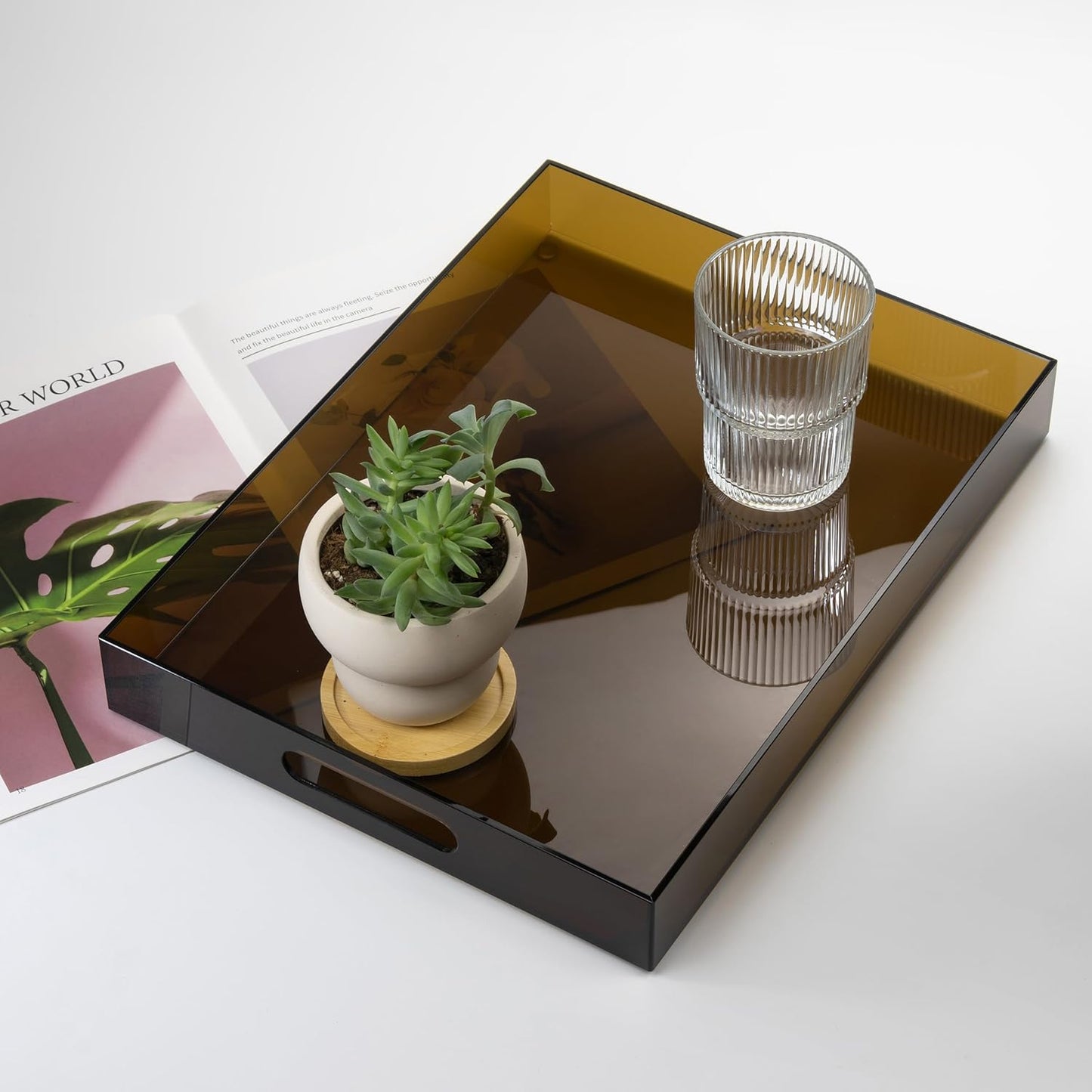 16"x12" Large Acrylic Serving Tray Decorative Ottoman Coffee Table Vanity Tray Tea Fruit Platter Snack Appetizer Dessert Drink with Handles for Bar Kitchen Party, Amber