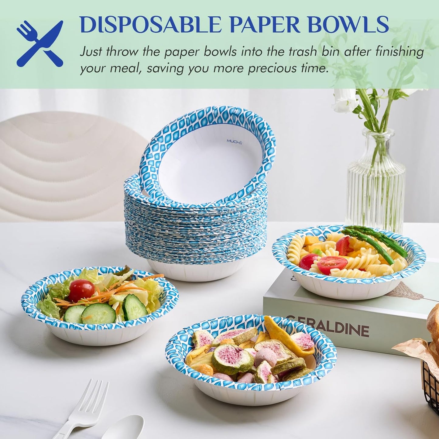 MUCHII 12 Oz Paper Bowls 200 Counts Disposable Bowls, Printed Soak Proof Small Bowls for Breakfast, Lunch, and Dinner Meals