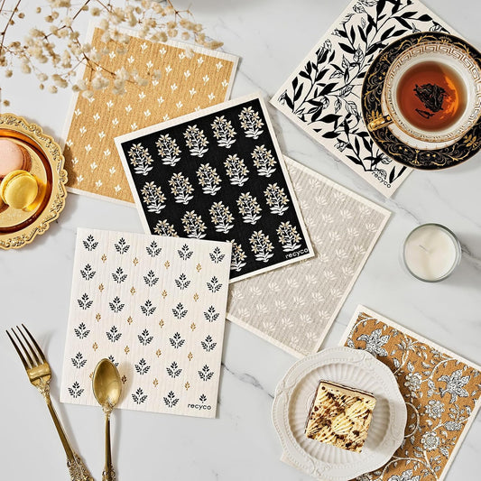 RECYCO Swedish Dishcloths for Kitchen | 6 Pack Heritage Florals Neutral Washable Dish Rags | Cellulose Reusable Cleaning Paper Towels | Absorbent Counter Dish Cloth Sponge Kitchen Wipes, 8" L x 7" W