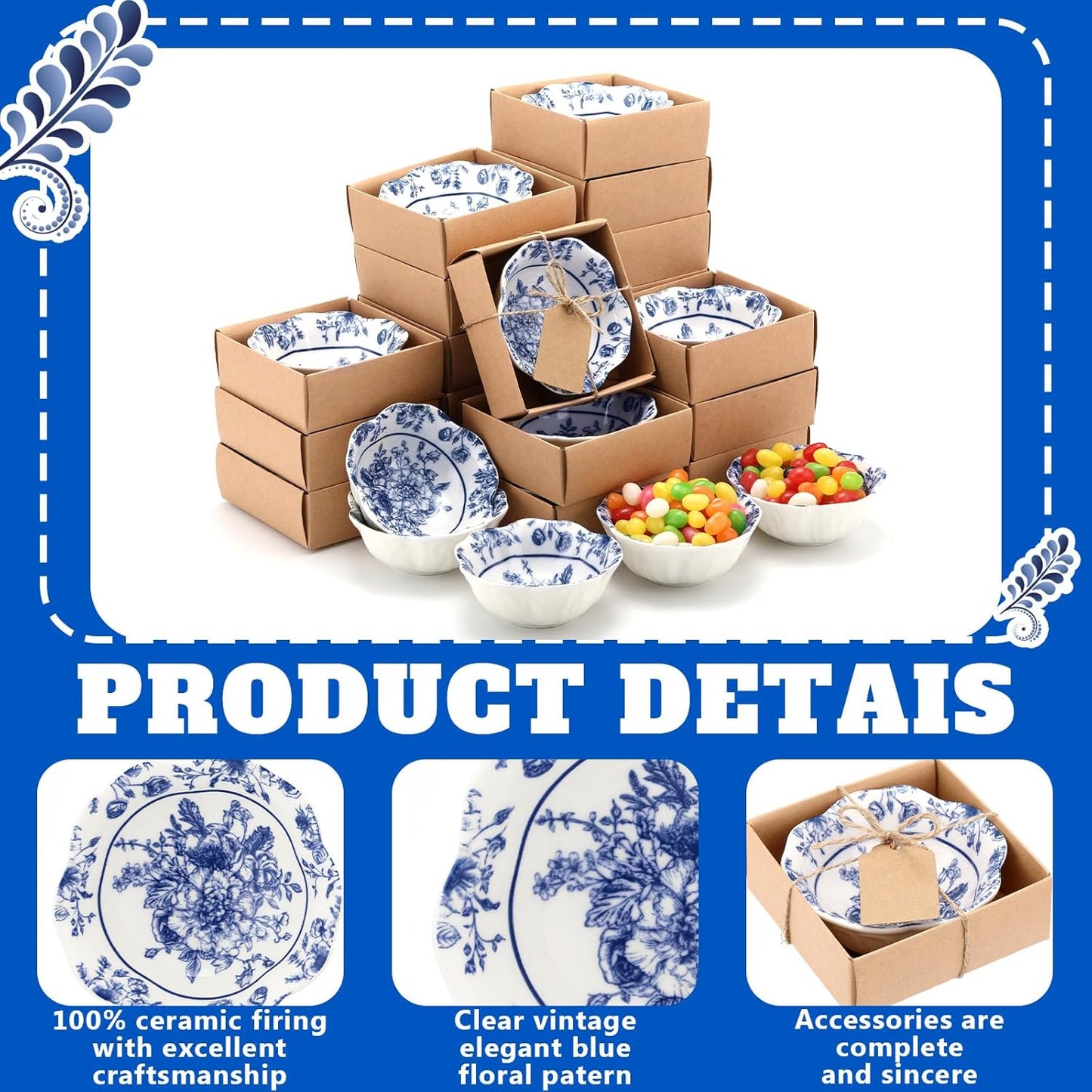 12 Pcs Wedding Favors for Guests Small Ceramic Bowl Bulk Gifts Set 3.3 Inch Floral Design Mini Dipping Bowl Sauce Dish with Cards Box for Bridal Baby Shower Birthday Guest Gift (Blue)