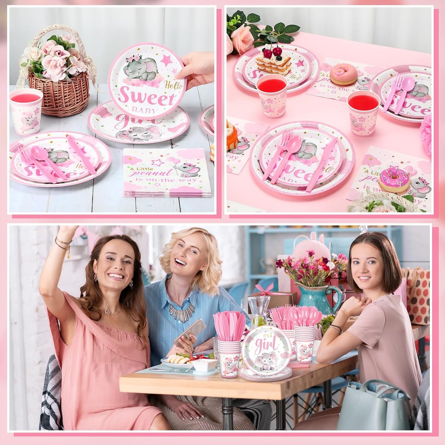 Dandat 350 Pcs Baby Shower Plates Set Baby Shower Party Supplies Serves 50 Tableware Sets Include Plates Napkin Cup Forks Knives Spoons Disposable Dinnerware(Elephant,Pink)