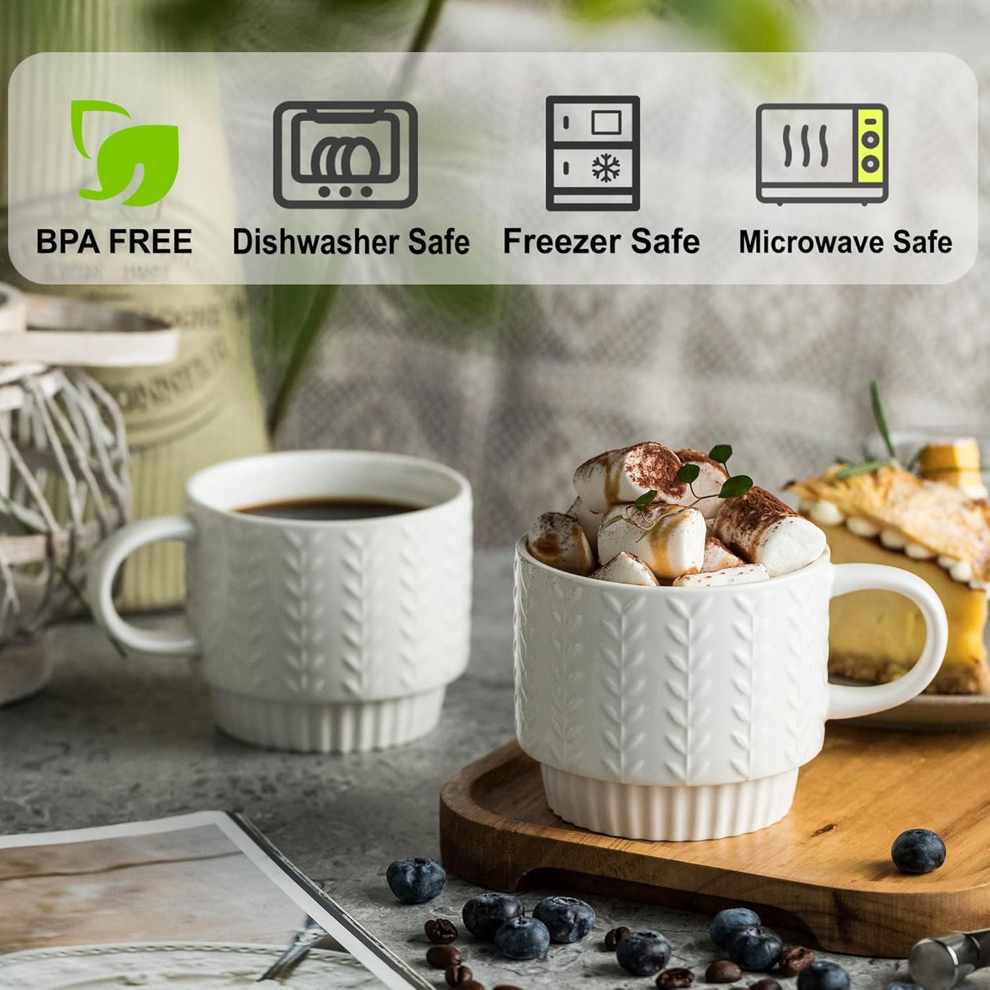 Stackable Coffee Mugs, Coffee Mug Set of 4 with Spoons & Stand, 13oz Espresso Cups for Drinks Latte Cappuccino Tea, Coffee Cup for Housewarming Birthday Gift, Dishwasher Safe, White