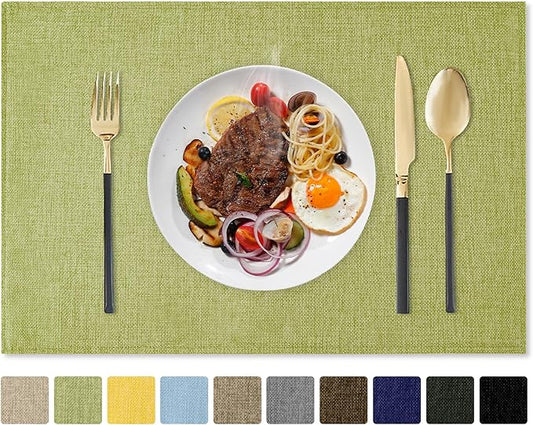 Romanstile Cloth Placemats Set of 8-12 x 18 Inch, Heat Resistant Double Layered Thickened Burlap Place Mats, Washable Faux Linen Farmhouse Table Mats for Kitchen/Dining/Party/Outdoor, Green