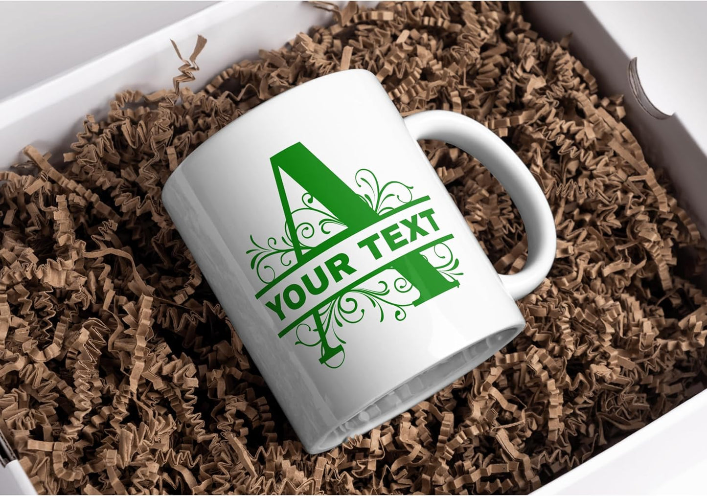 Customizable 11oz Coffee Mug - Sublimated Printed Mugs with Personalized Text, Names, and Initials. Perfect as Gifts for Men and Women for Birthdays (White Mug) (Monogram Green)
