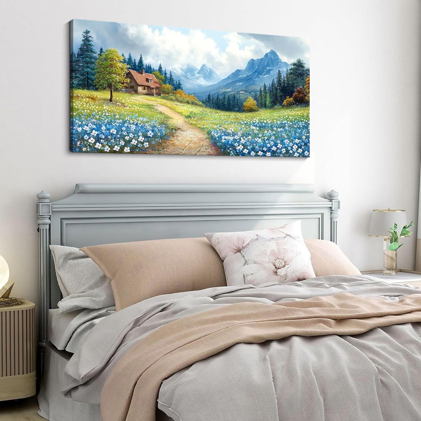 CHATYOUNG Bathroom Canvas Wall Art Paintings, Blue Mountains Wild Flowers Rustic Landscape Prints Wall Pictures Large 20"X40" for Living Room Bedroom Bathroom Home Decor Gift