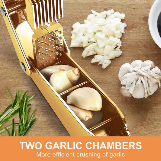 Garlic press and slicer 2 in 1,Effortlessly Crush, Slice, and Mince Garlic,with this Versatile Kitchen Tool - Perfect for Home Cooks and Professional Chefs Alike. (Golden)