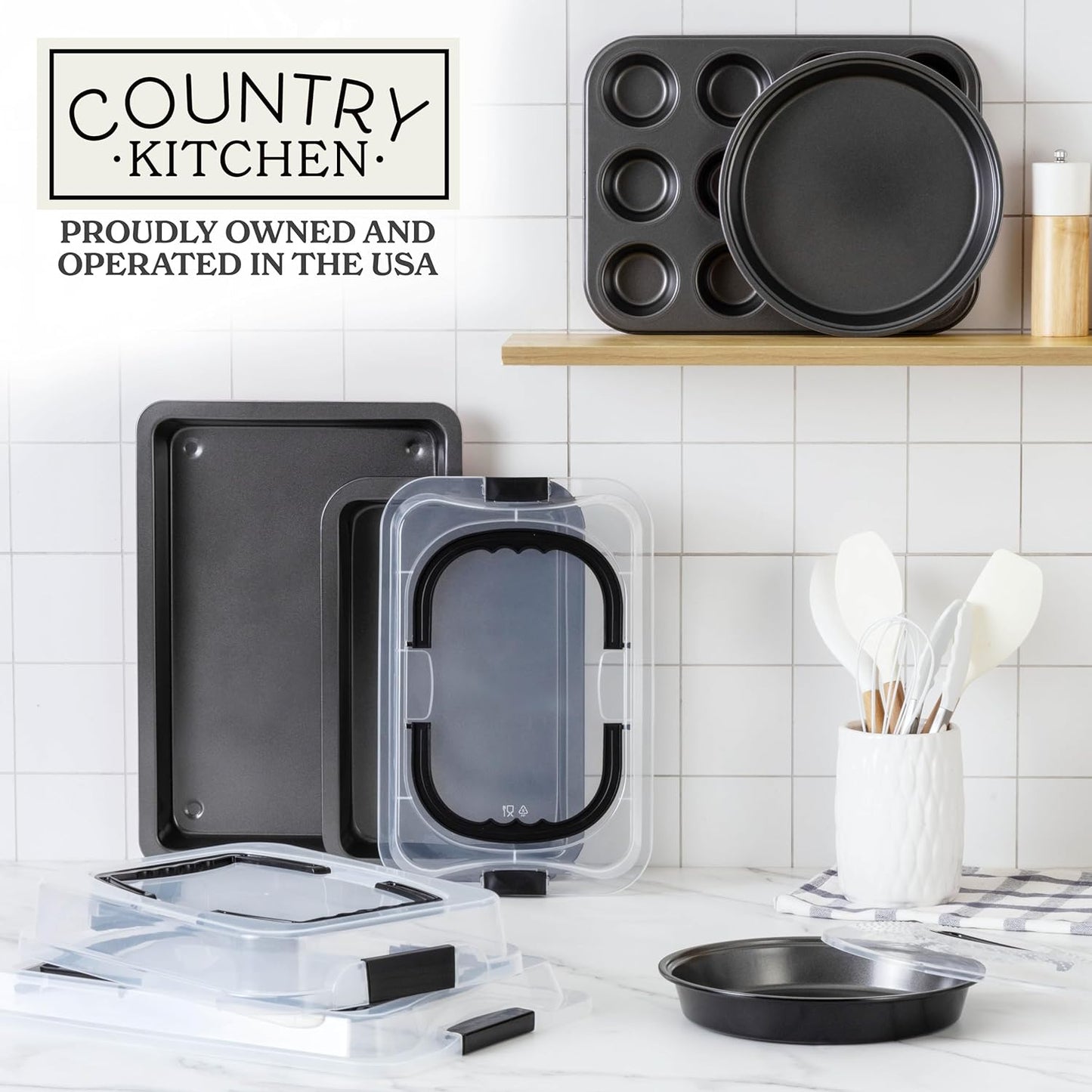 Country Kitchen Baking Pans Set - 10 Piece Non-Stick Cake Pans with Carry Lids for Easy Storage & Travel, Perfect for Parties - Stackable, Black