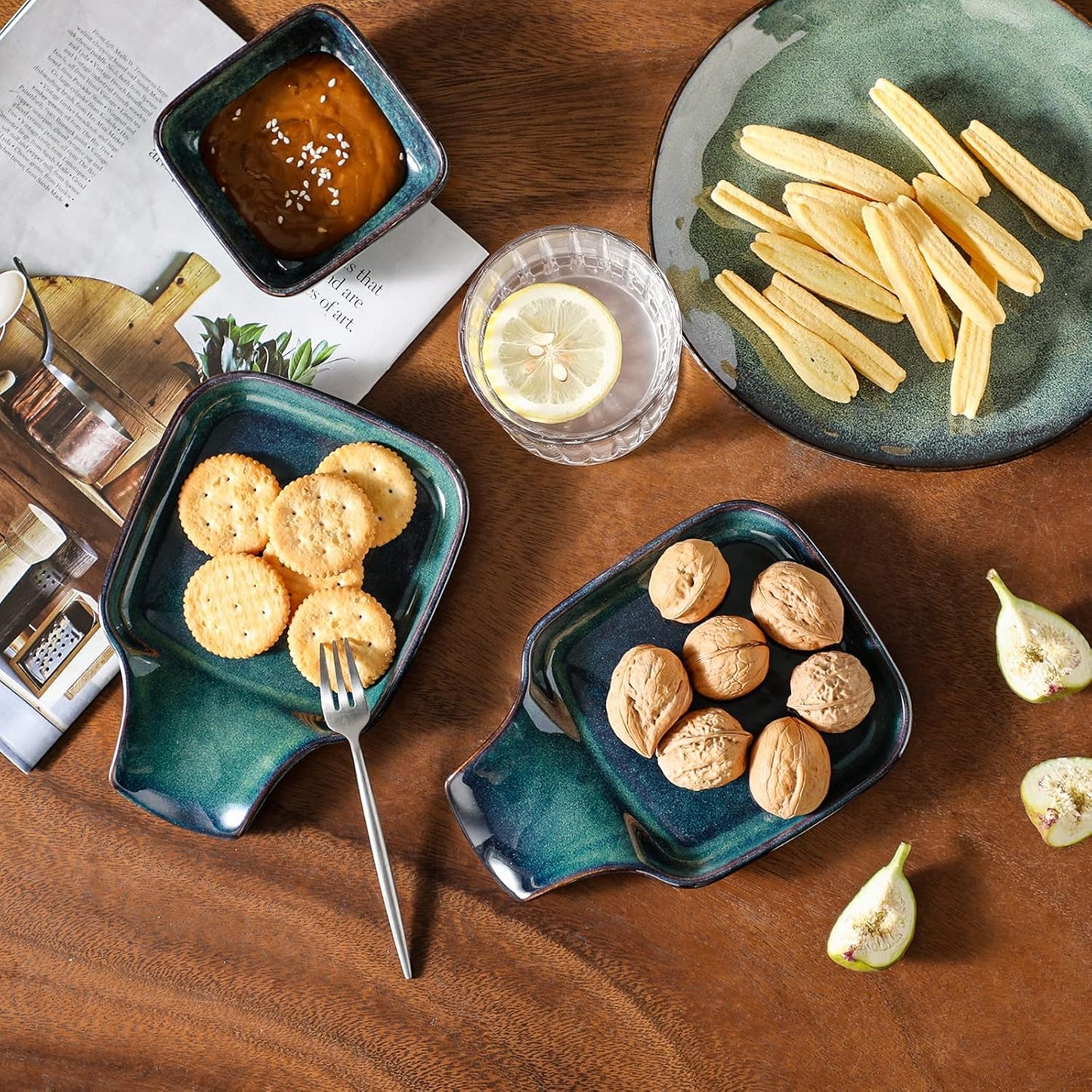 vancasso Stern Spoon Rest for Kitchen, Square Ceramic Spoon Holder for Stove Top, Heat Resistant Utensil Rest for Countertop, Dishwasher Safe, Kiln Green, 2 Pack