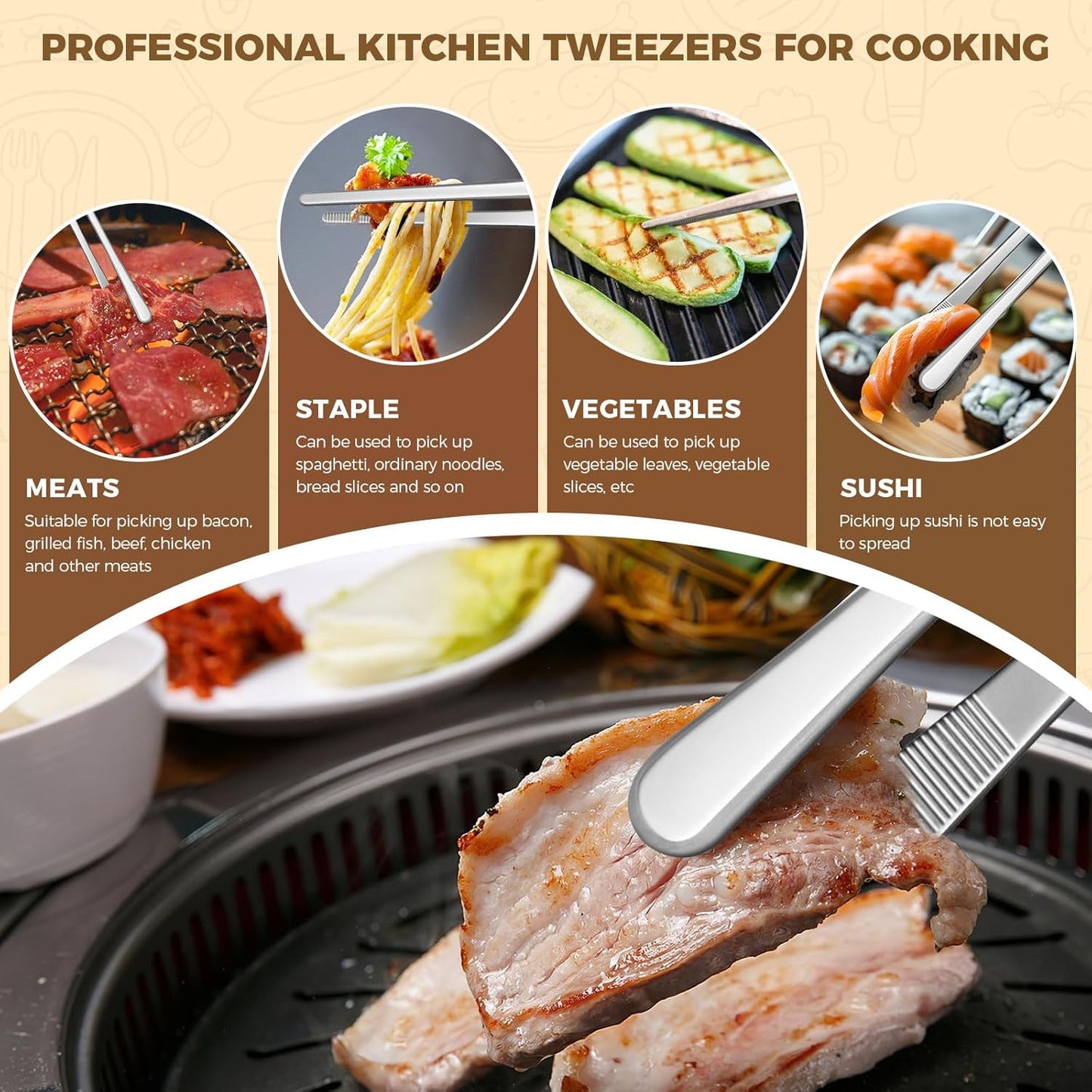 12-Inch Cooking Tweezers Tongs 2-Pack, Stainless Steel Kitchen Tweezers with Dual-Head Design and Non-Slip Grip, Chef Tweezer Tongs for Frying, Plating, Pasta, BBQ, Air Fryer, Food Prep Tools