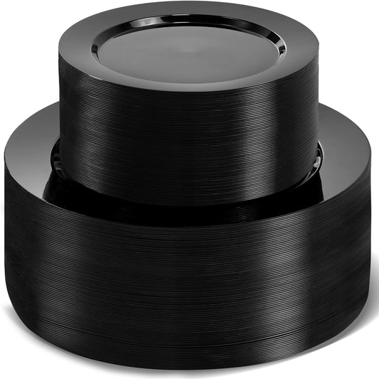 200 PCS Black Plastic Plates, Plastic Halloween Disposable Plates Include 100 10 inch Dinner Plate and 100 7 inch Dessert Plate Perfect for Party, Wedding,Halloween