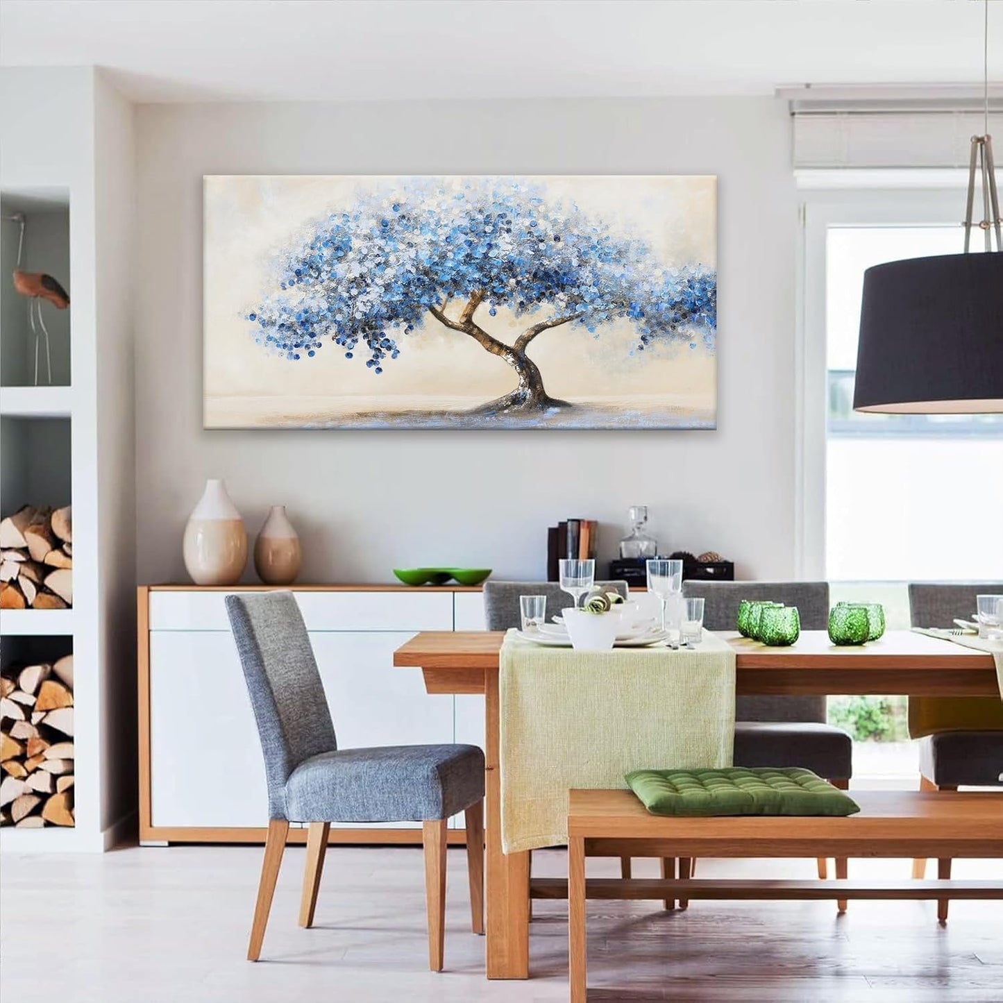 Wall Art For Living Room White Blue Tree Canvas Art Wall Decor For Home Artwork Painting 24" X 48" Canvas Print For Bedroom Decor Modern Salon Kitchen Office Hang A Picture