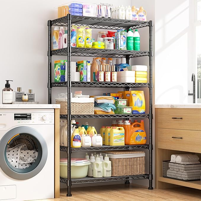 REIBII 6-Tier Storage Shelves Metal Shelving for Storage Load 1000 LBS,Wire Shelves Heavy Duty Shelving Unit Adjustable Pantry Shelf Bathroom Kitchen Garage 24" W x 14" D x 71" H, Black