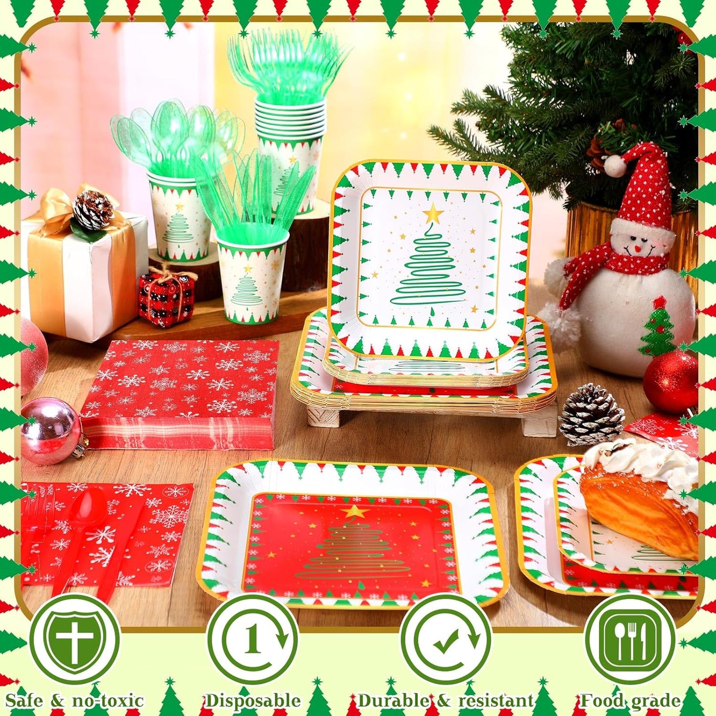 350 Pcs Paper Plates and Napkins Set Disposable Dinnerware Party Supplies Tableware Serve 50 Guest Cups Knife Forks Spoon(Red, Green,Christmas Tree)