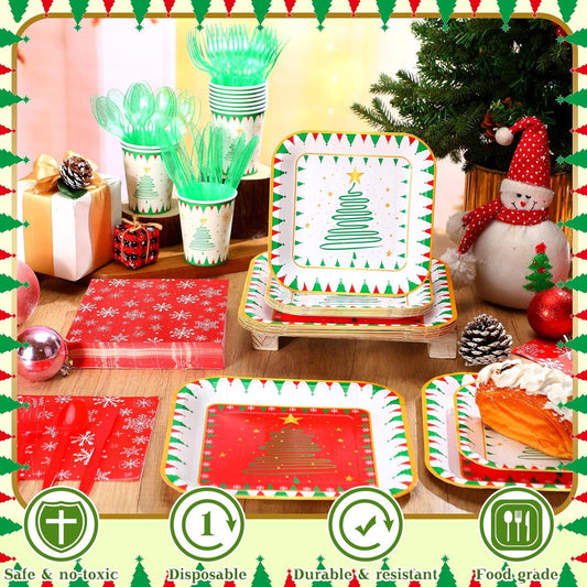 350 Pcs Paper Plates and Napkins Set Disposable Dinnerware Party Supplies Tableware Serve 50 Guest Cups Knife Forks Spoon(Red, Green,Christmas Tree)