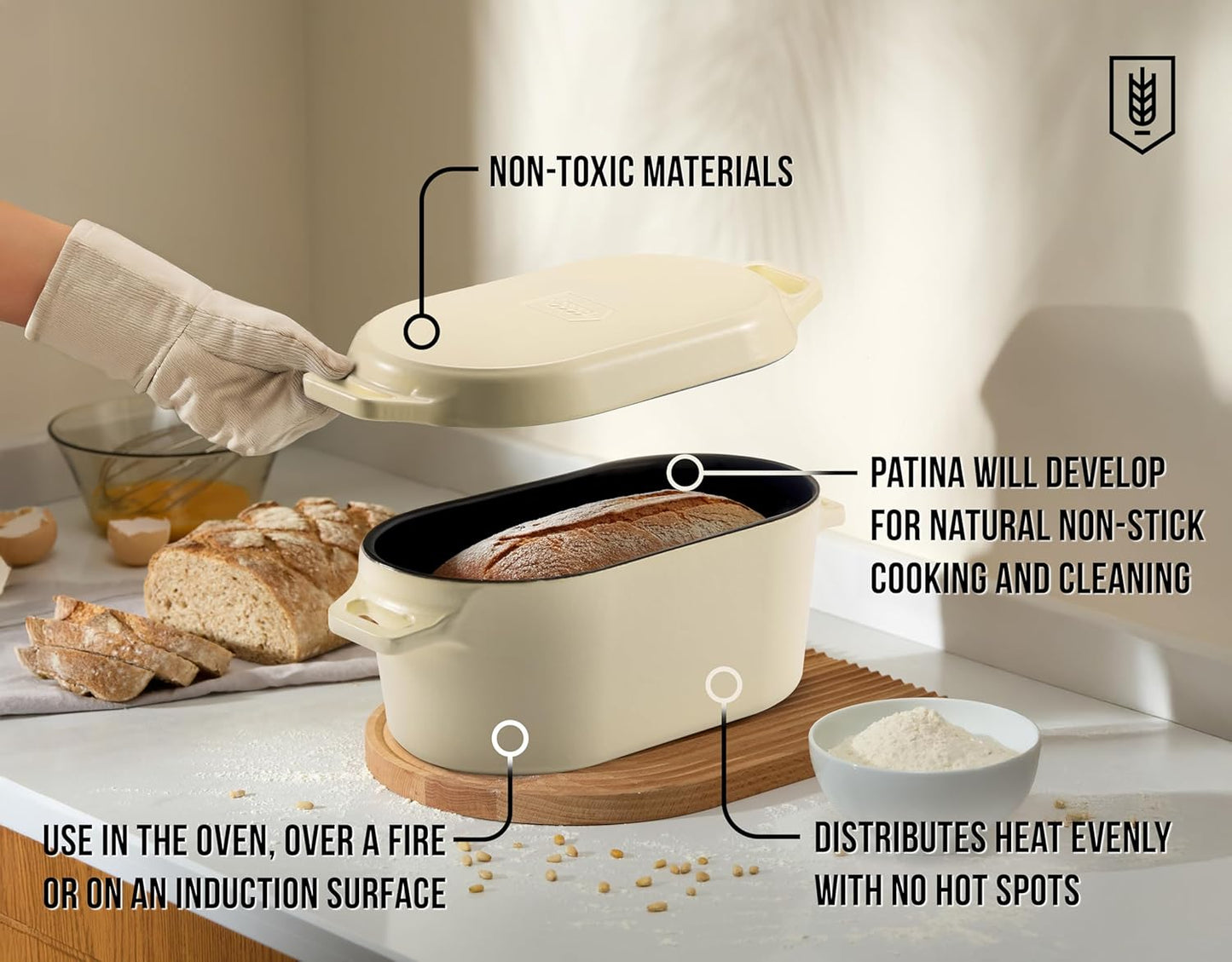 KooK Dutch Oven, for Bread Baking, Sourdough Loaf Pan, with Lid, Dual Handles, Enameled Cast Iron, includes Lid Lever, Dishwasher Safe, 3.4 Qt, Ivory